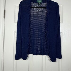 90s Lauren Ralph Lauren 100% Rayon Open Hand Knit Ruffle Cardigan Boho Preppy M
